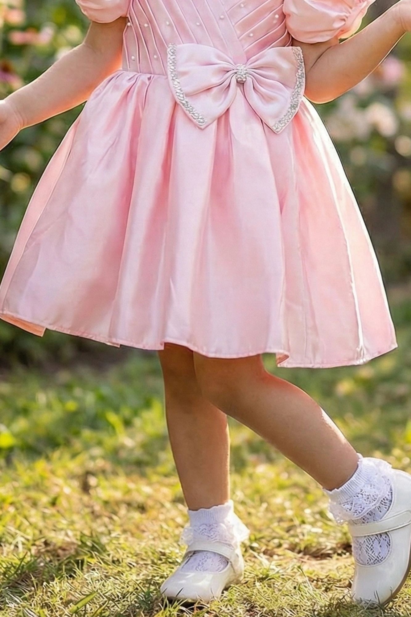 Blush Pink Pleated Satin Party Wear Frock With Puff Sleeves For Girls