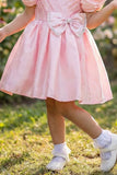 Blush Pink Pleated Satin Party Wear Frock With Puff Sleeves For Girls