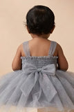 Girls Grey Floral Embellished Net Party Dress