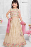Beige and Pastel Pink Sequin Embroidered Lehenga Choli Set For Girls