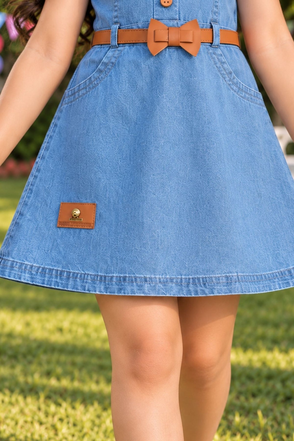 Girls Blue Sleeveless Bow Detail Denim Dress