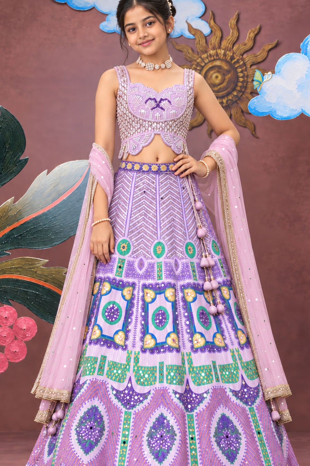 Girls Lavender And Purple Mosaic Mirror Work Embellished Lehenga Choli Set