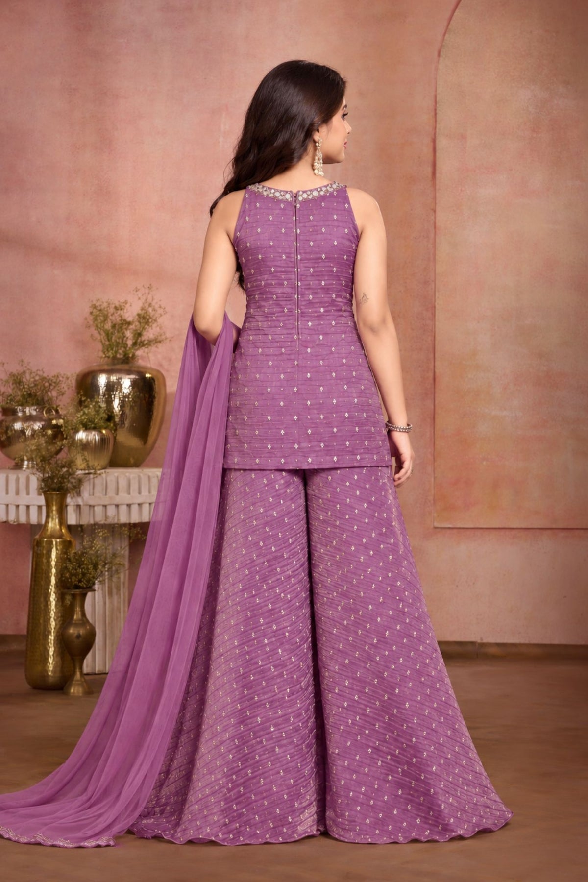 Girls Purple Mirror Embroidered Sleeveless Palazzo Set With Dupatta