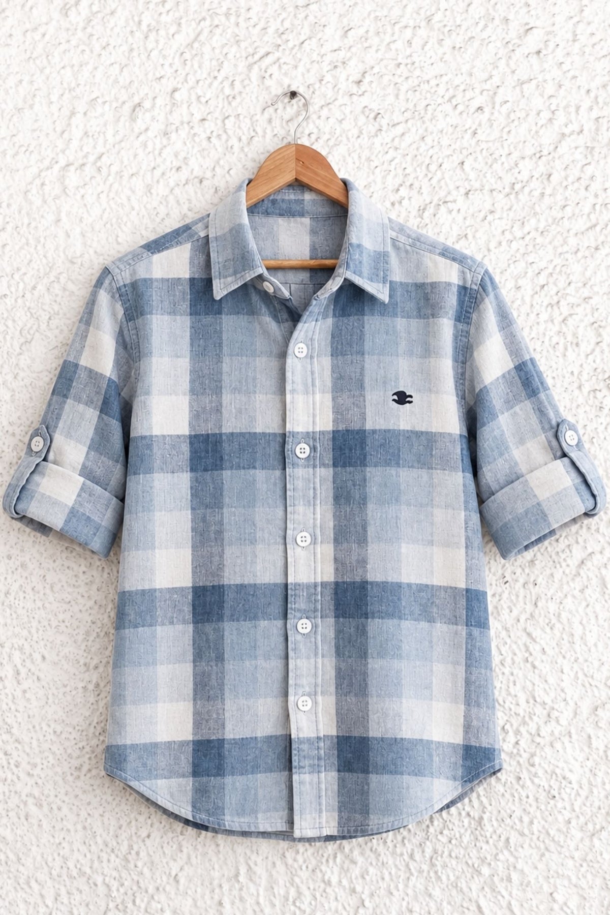 Boys Light Blue & White Checked Full Sleeve Corduroy Casual Shirt