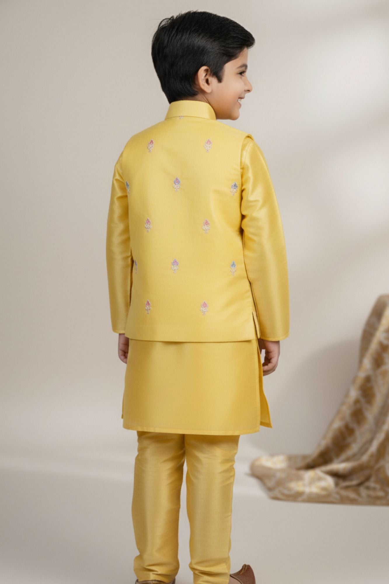 Yellow Embroidered Kurta Pajama Set with Ethnic Jacket for Boys