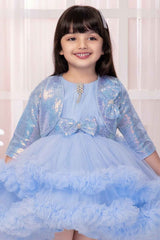 Blue Bow Embellished Tailback Frock With Sequin Overcoat For Girls