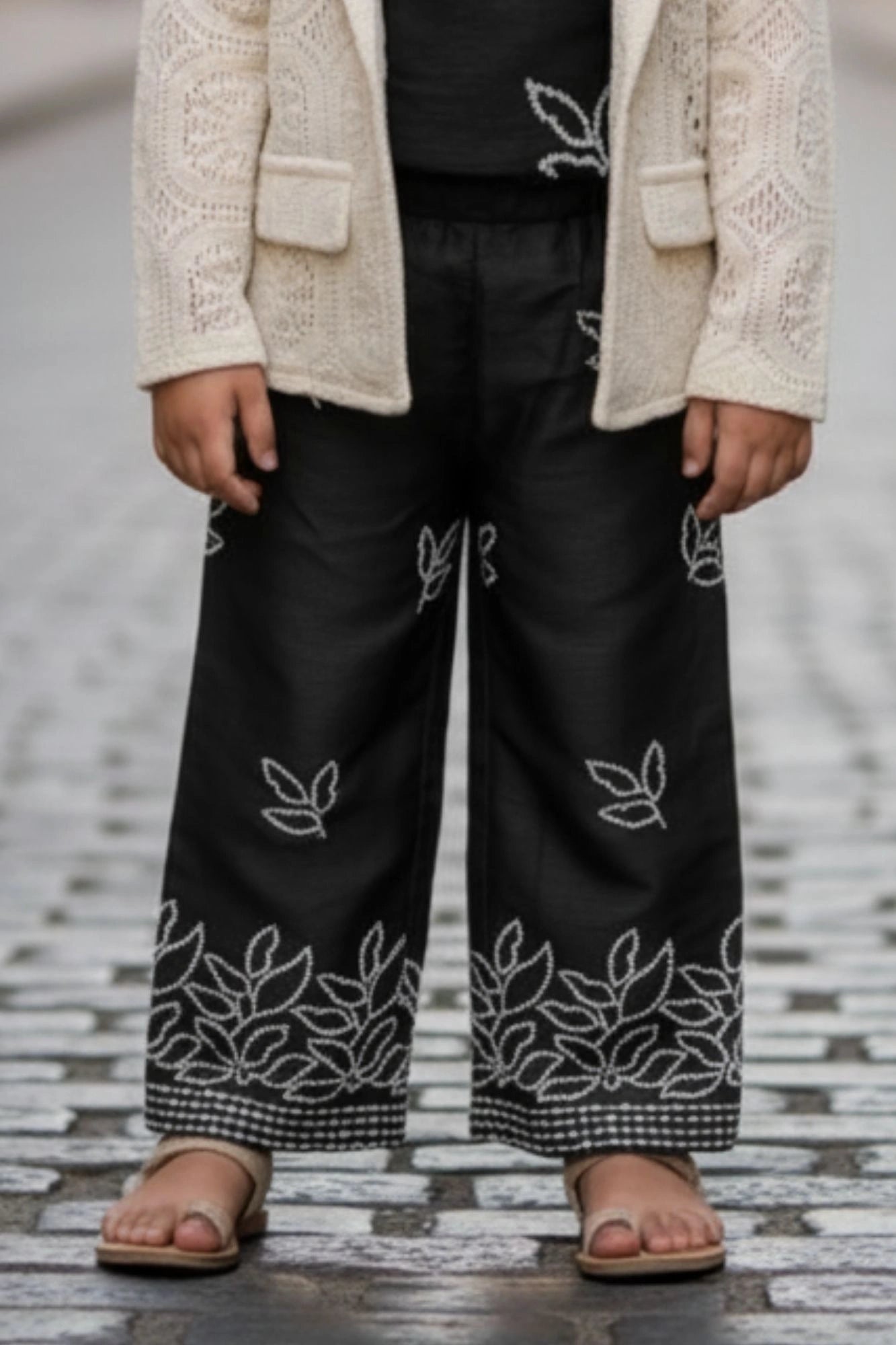Black Embroidered Co-ord Set With Cream Lace Jacket For Girls