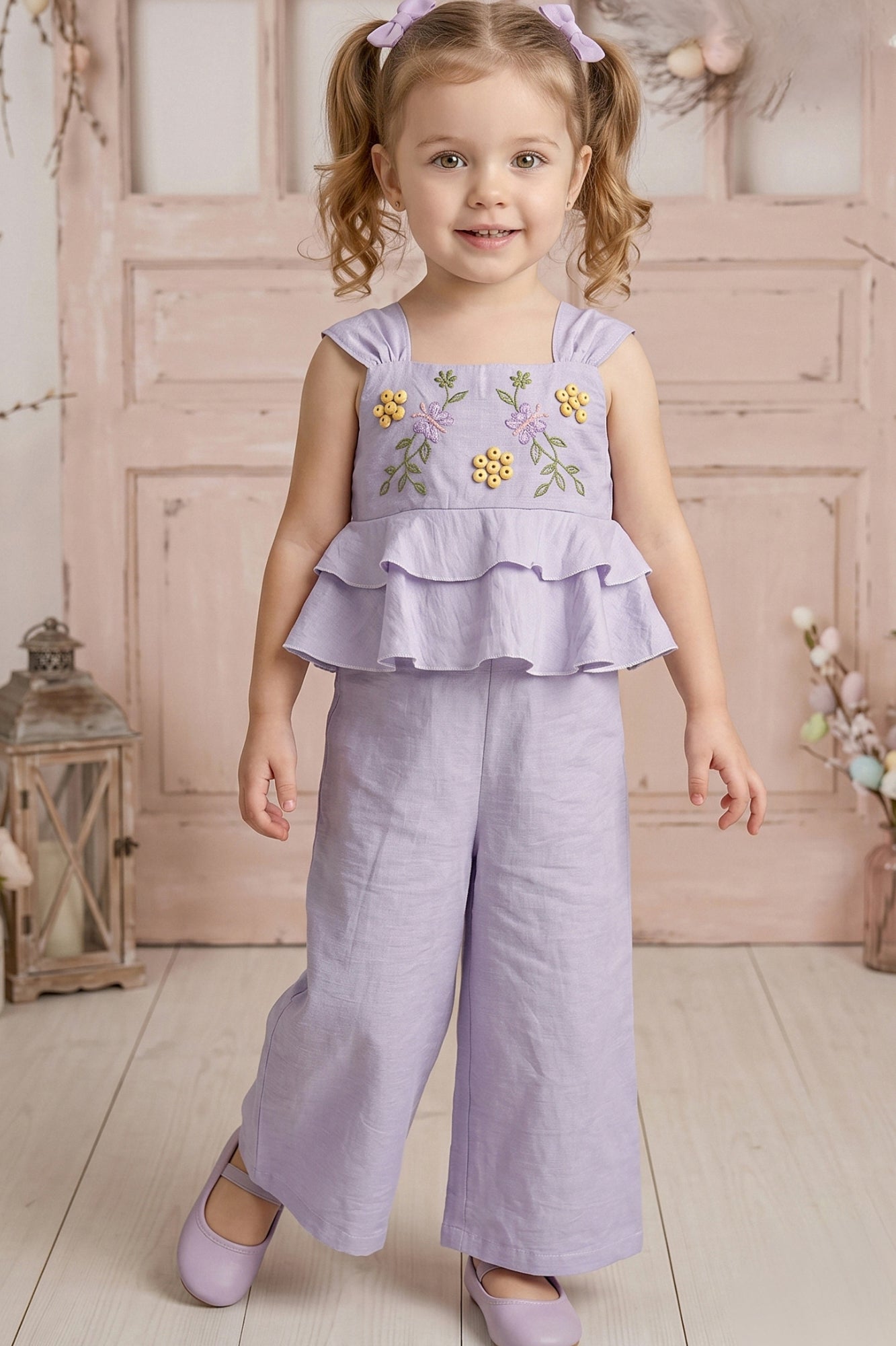 Girls Lavender Embroidered Peplum Top with Palazzo Pants Co Ord Set