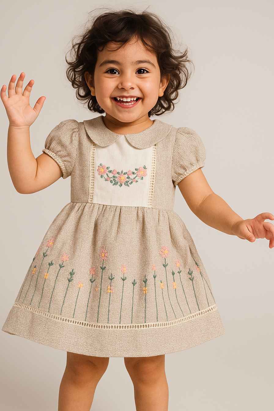 Beige Embroidered Cotton Frock for Girls