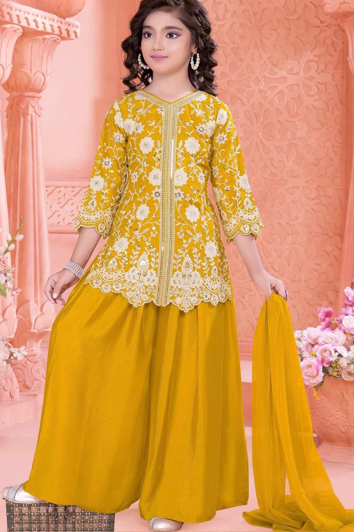 Mustard Yellow Zari Embroidered Palazzo Set For Girls