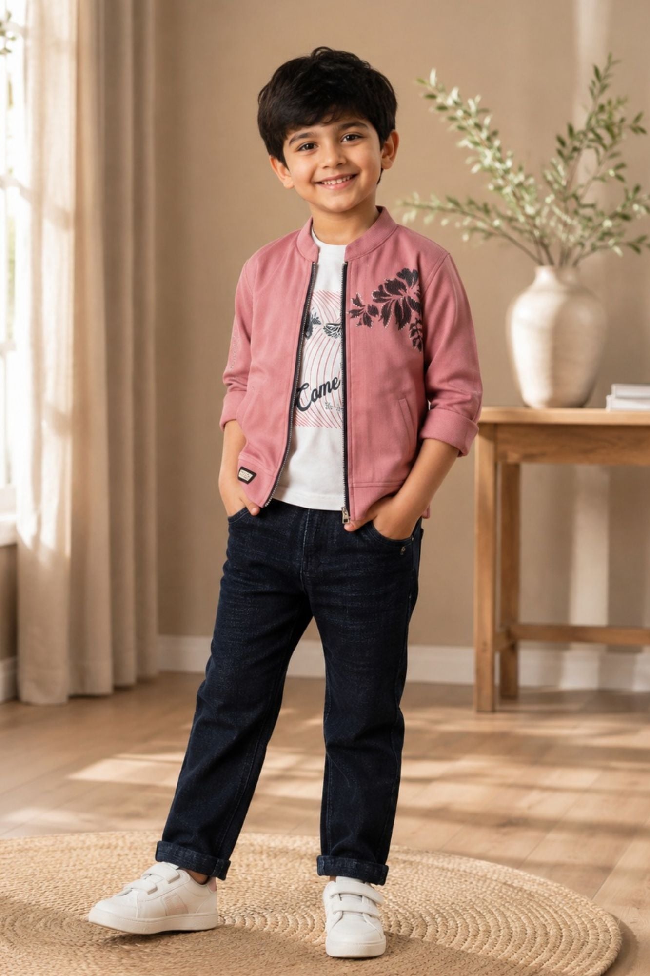 Boys Pink Printed Casual 3-Piece Set with T-Shirt, Jacket and Jeans