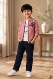 Boys Pink Printed Casual 3-Piece Set with T-Shirt, Jacket and Jeans