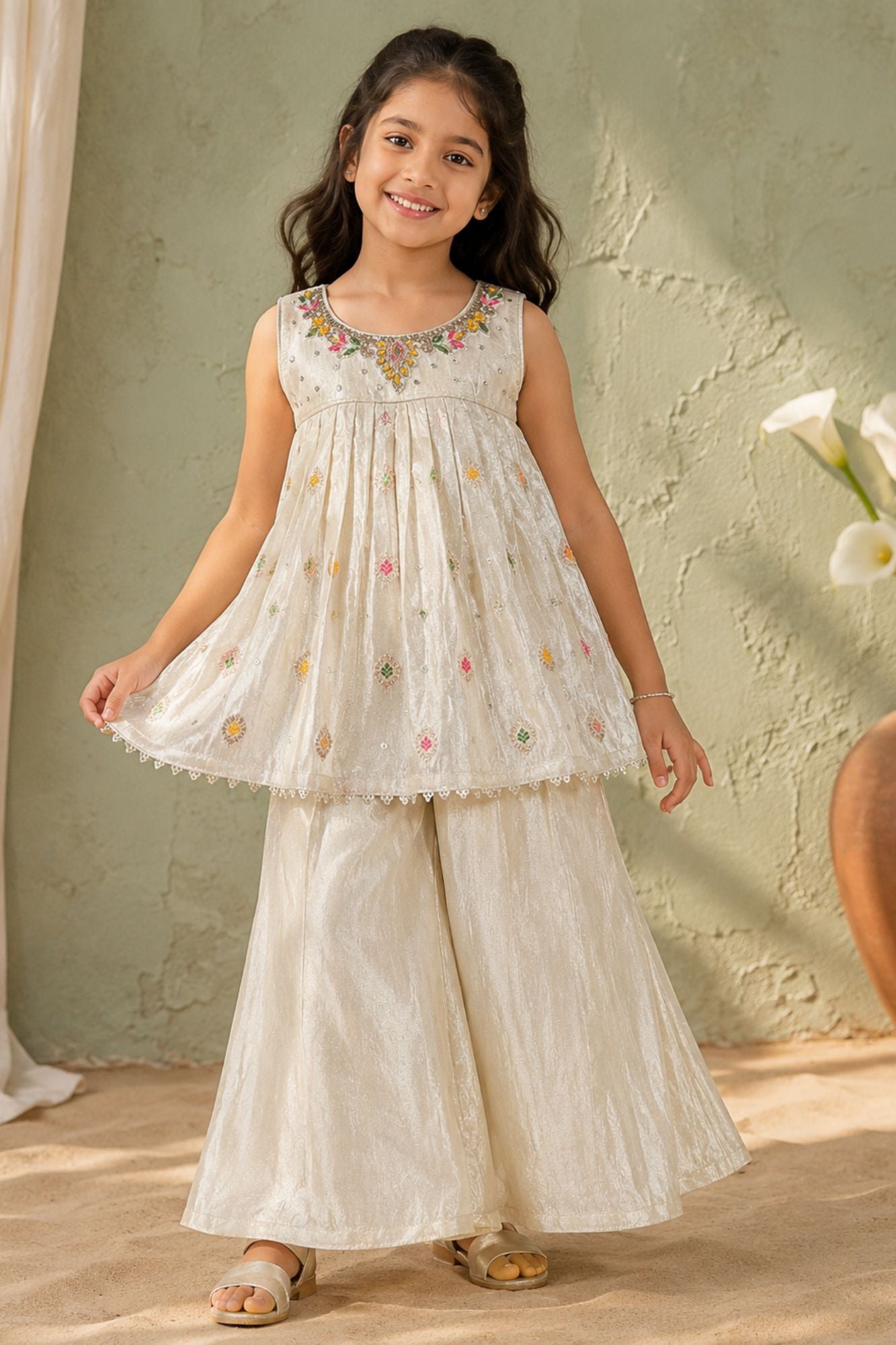 Ivory with Multicolour Floral Butti Embroidered Palazzo Set