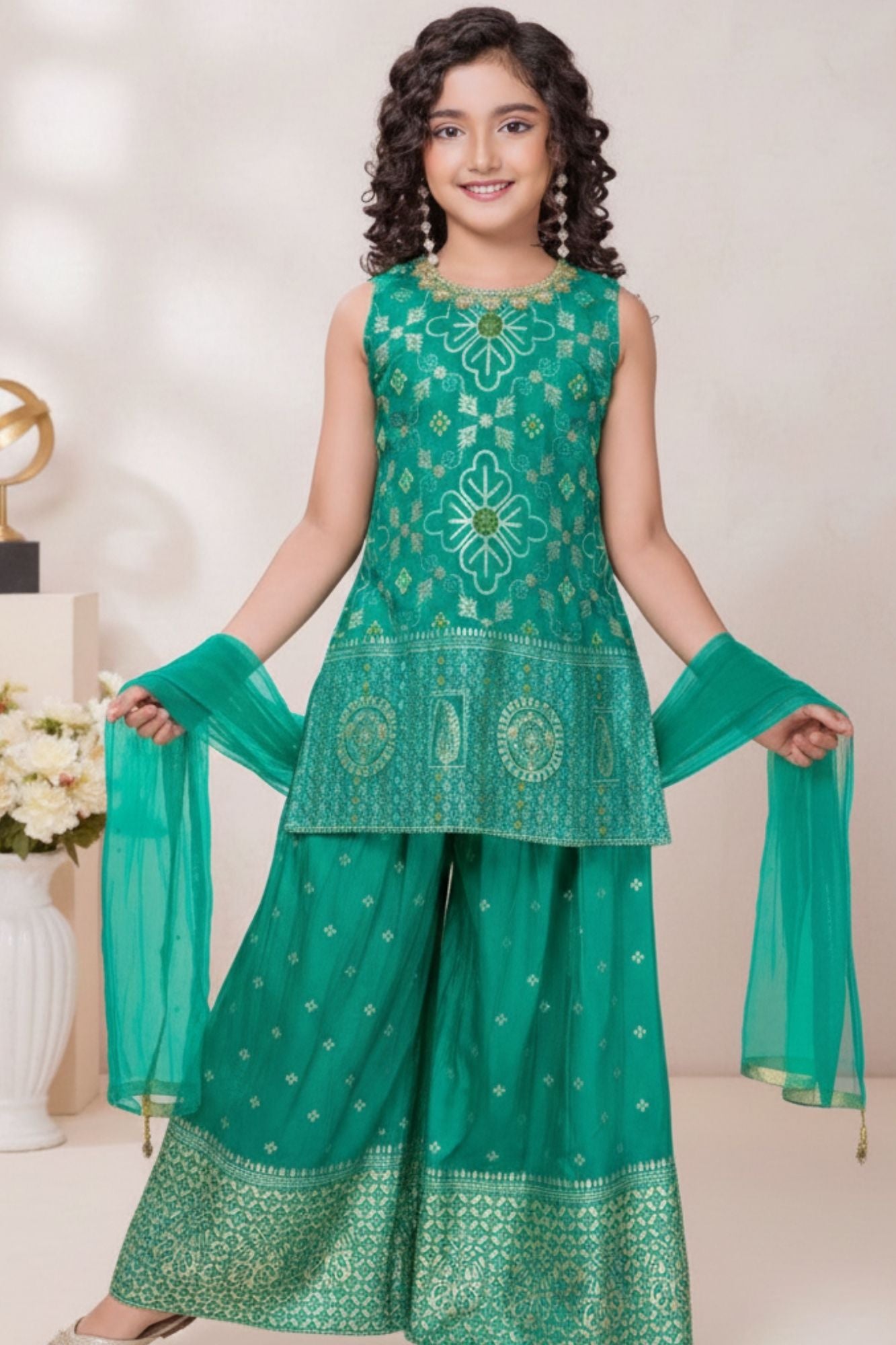 Emerald Green Embroidered Kurti Palazzo Set for Girls