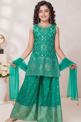 Emerald Green Embroidered Kurti Palazzo Set for Girls