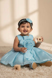Sky Blue Party Frock with Rosette Bow and Shimmer Layers For Girls
