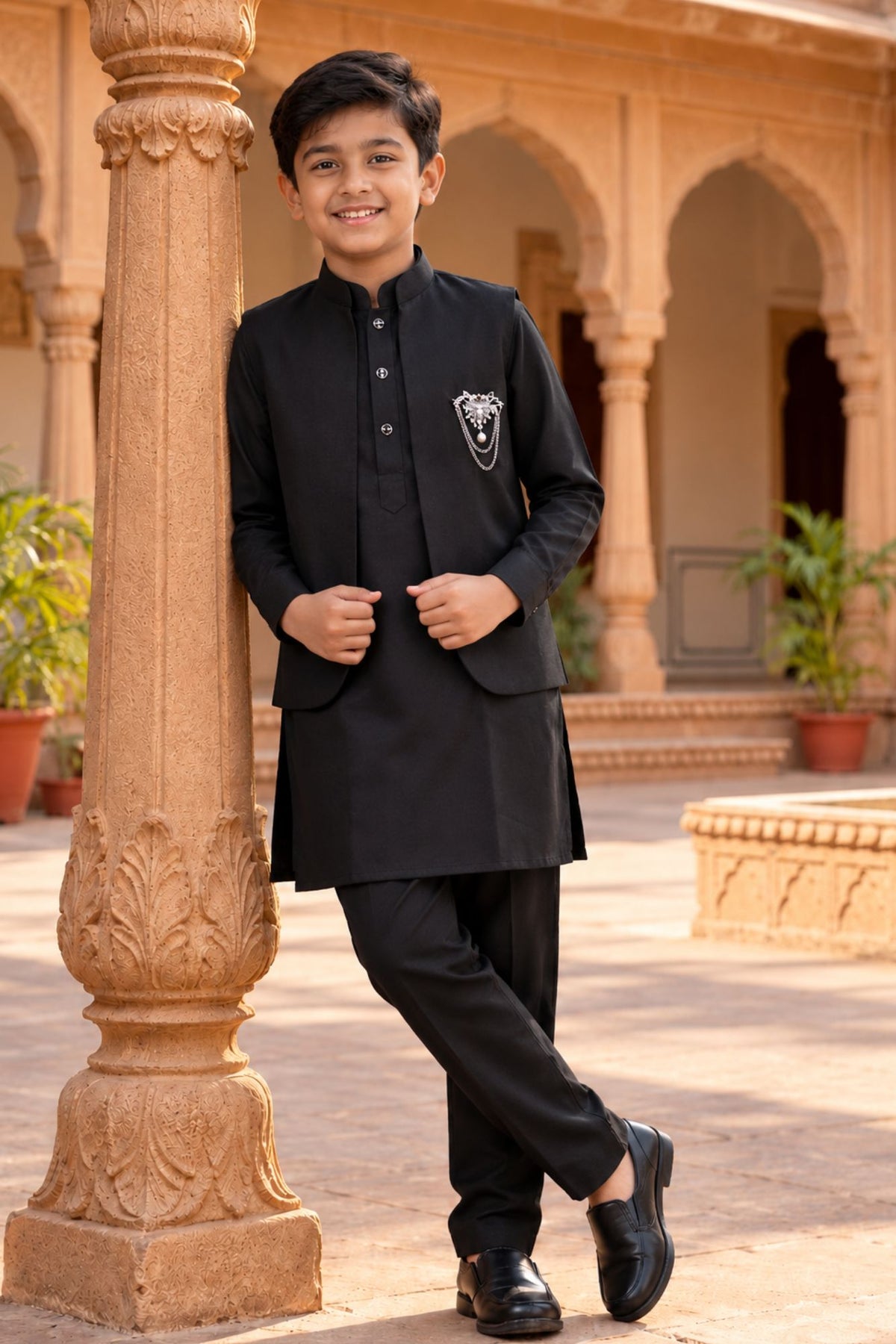 Boys Black Kurta Pajama Set with Nehru Jacket