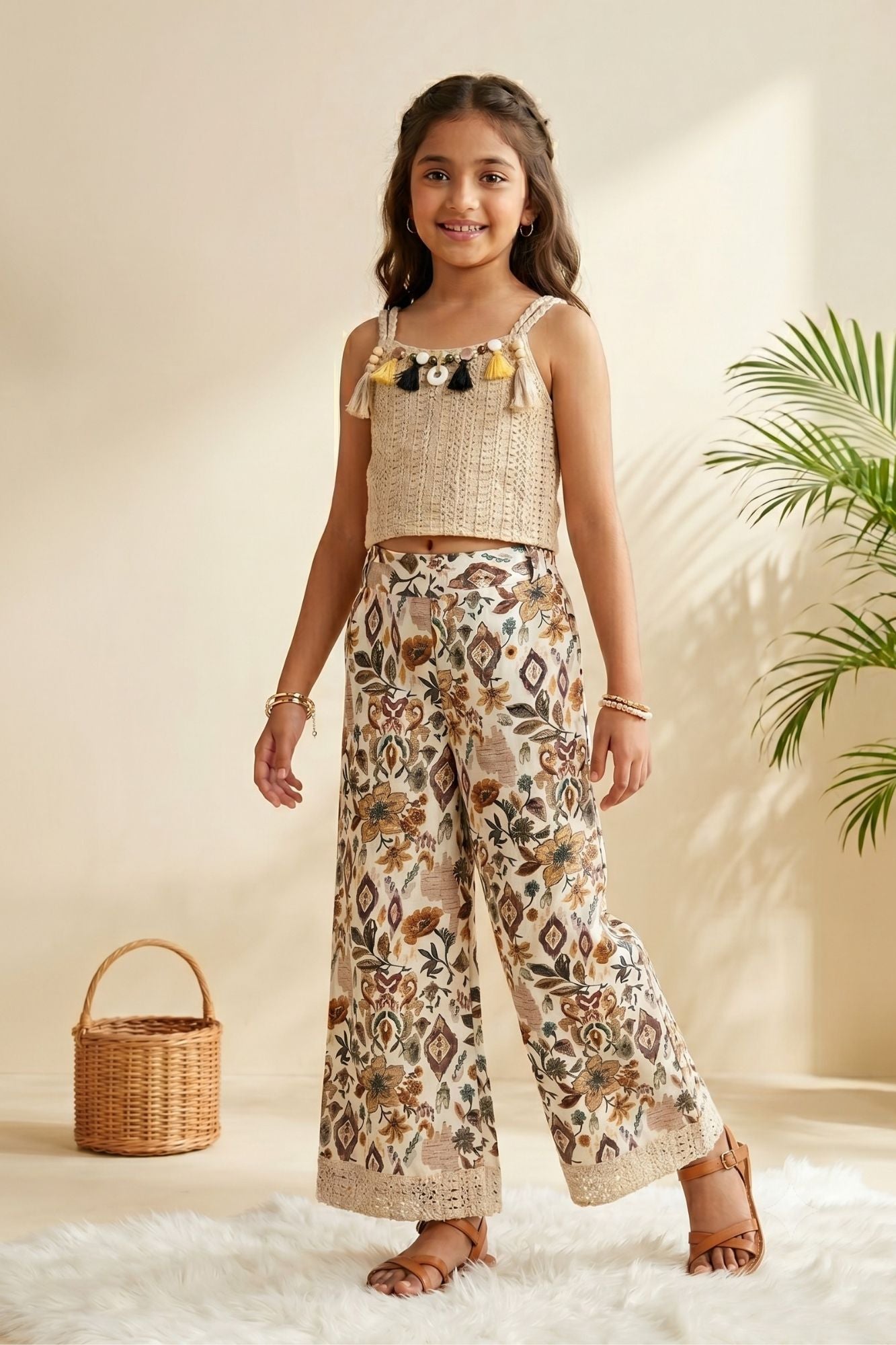 Off White Crochet Top with Beige Floral Printed Wide-Leg Culottes Co-Ord Set for Girls