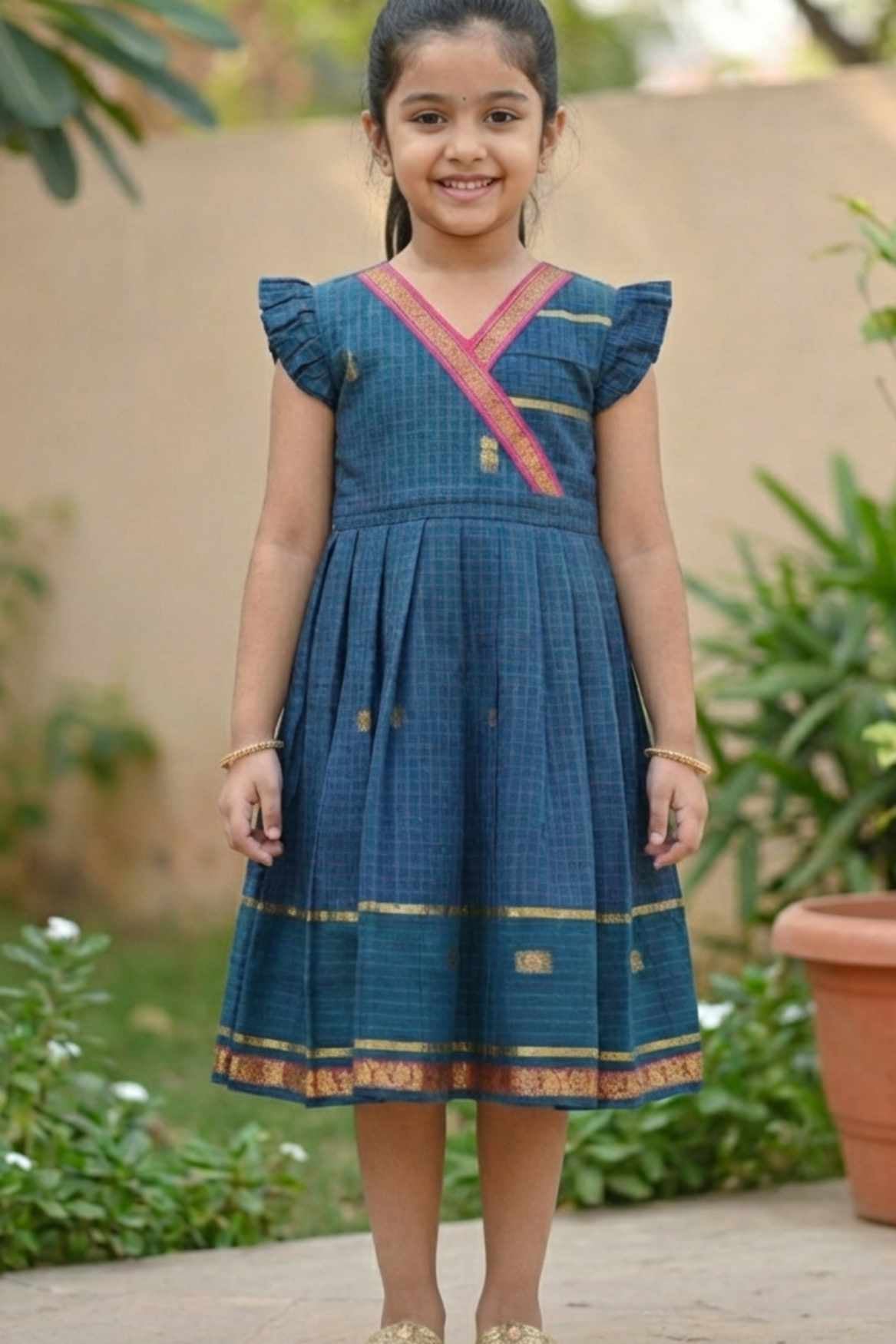 Bottle Green Traditional Dress with Zari Border For Girls
