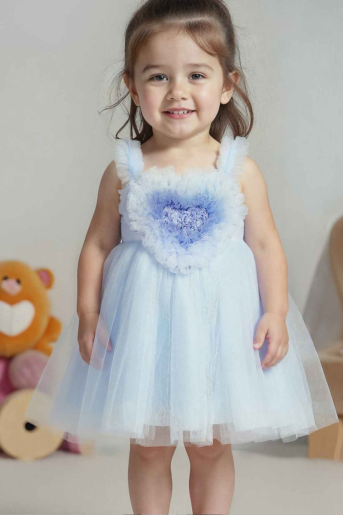 Stylish Blue Frock With Ruffled Heart Embellished For Girls