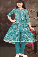 Blue Floral Printed And Sequins Work Kurta With Pant Set For Girls