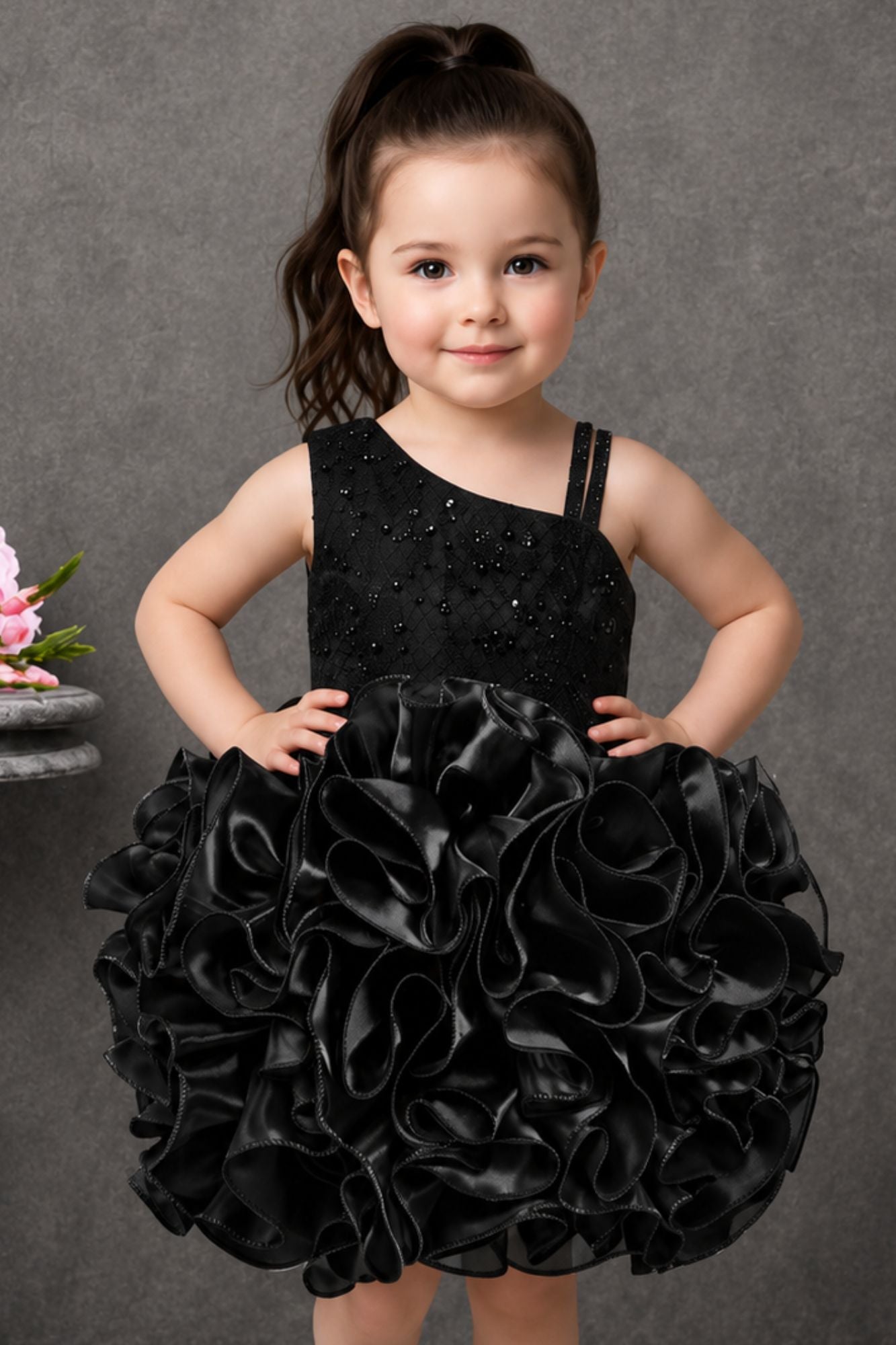 Black One-Shoulder Ruffle Party Wear Frock