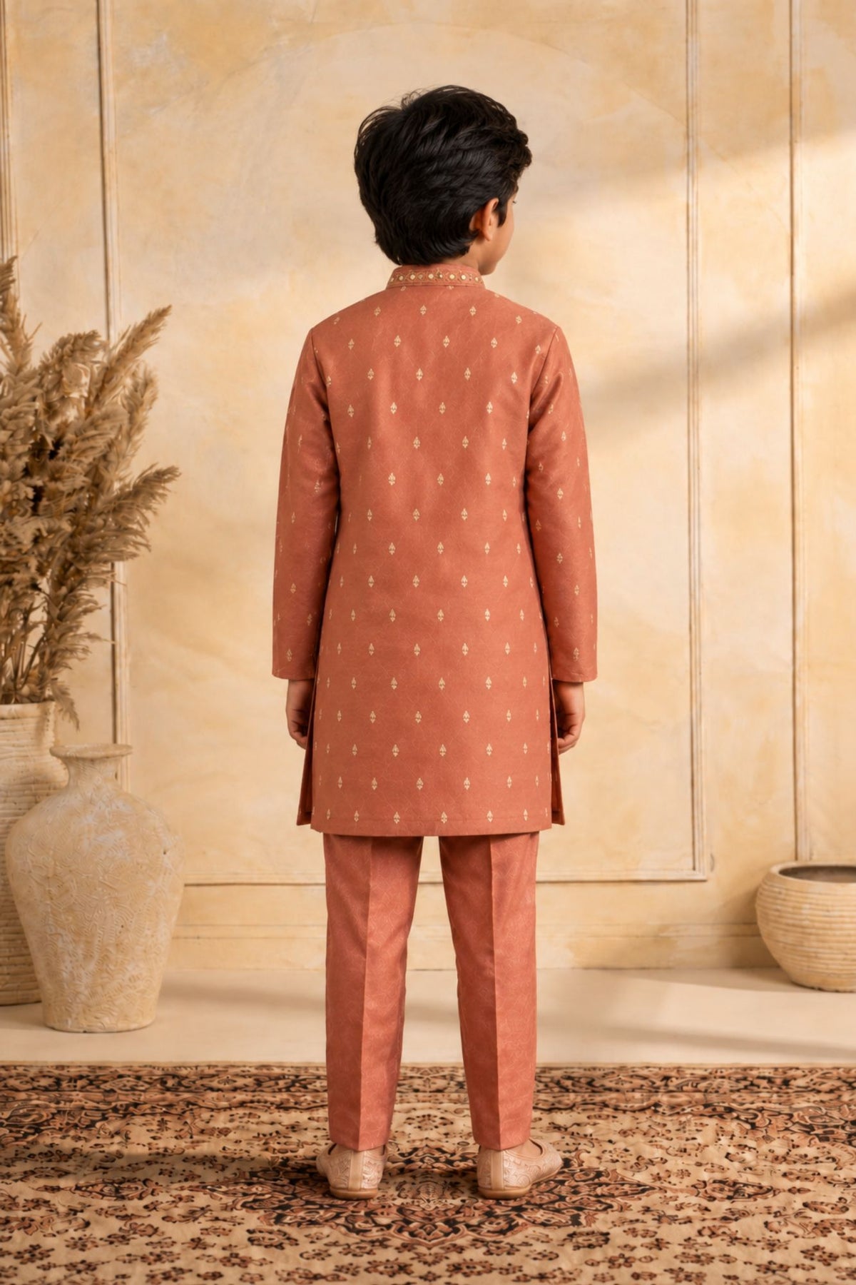Boys Rust Orange Mirror Embroidered Kurta Pajama Set