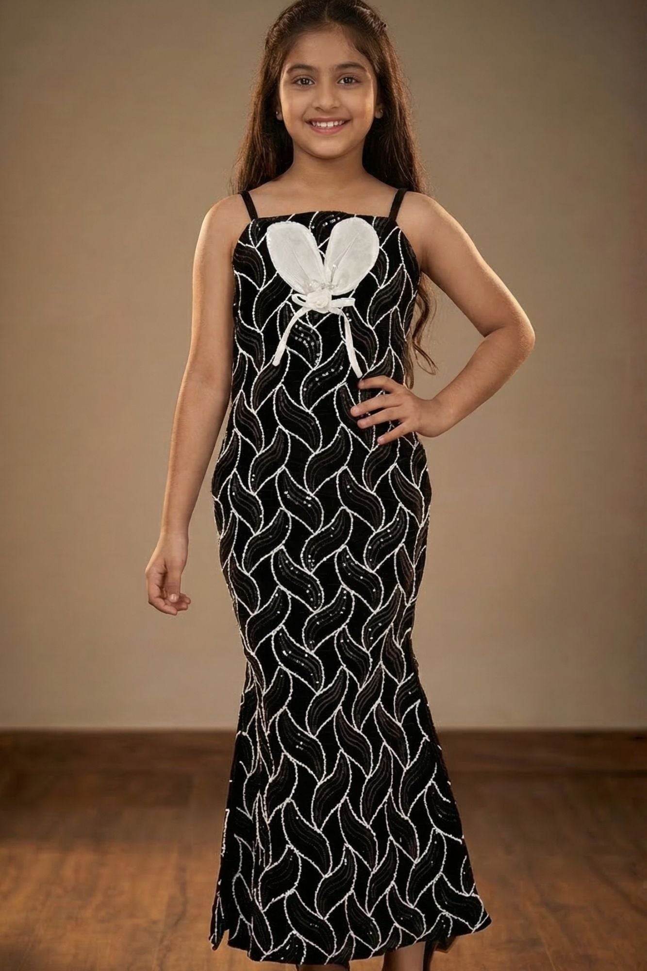 Black and Silver Leaf Sequin Party Wear Gown With 3D Bow Appliqué For Girls