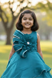 Blue Layered Party Gown with Oversized Floral Appliqué For Girls