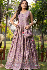 Lavender Embroidered Gown With Potli Bag For Girls