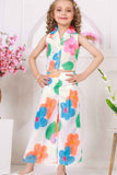 Trendy White Floral Printed Sleeveless Jacket And Pant Co Ord Set For Girls