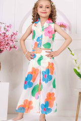 Trendy White Floral Printed Sleeveless Jacket And Pant Co Ord Set For Girls
