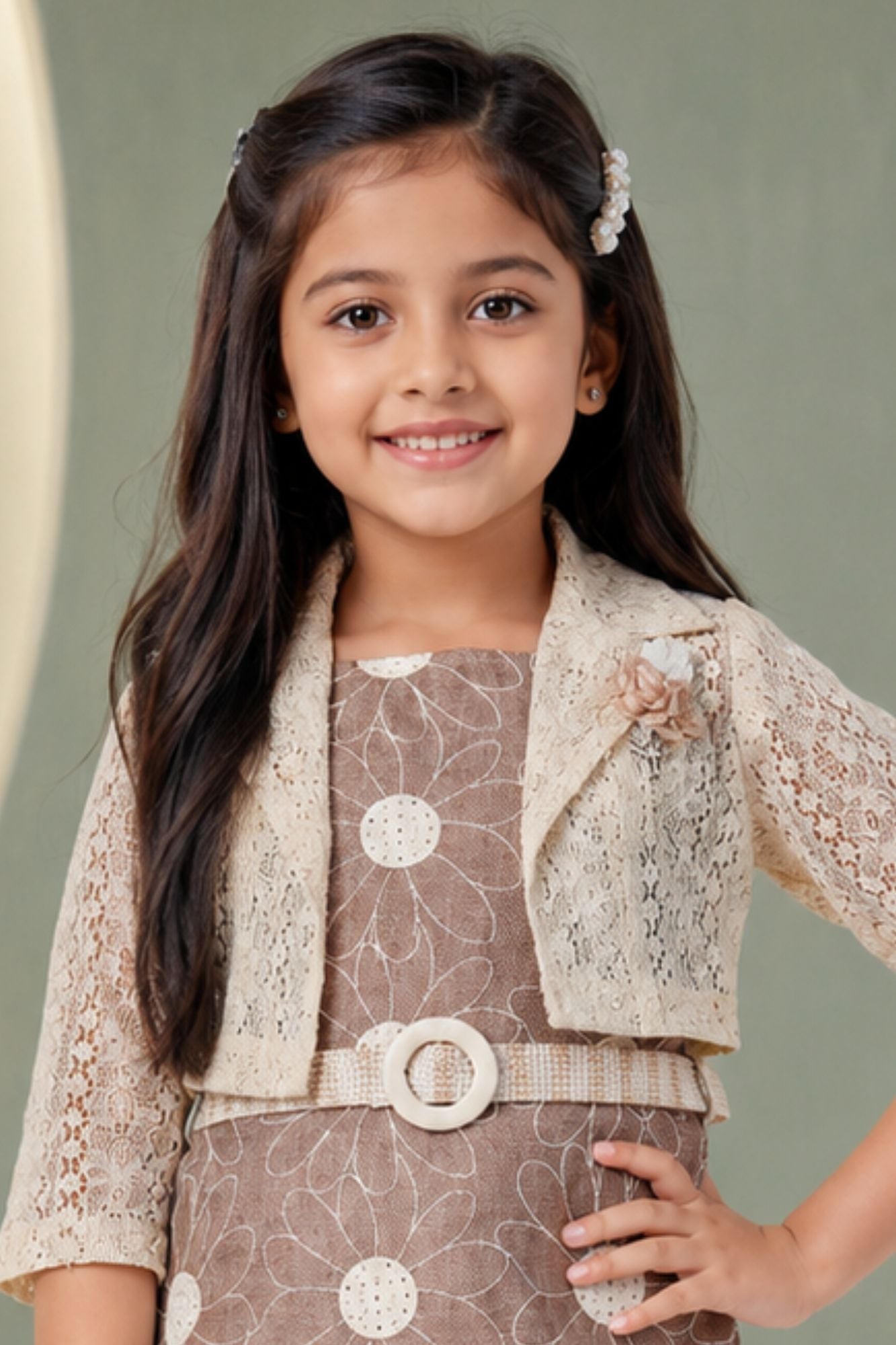 Fawn Dress With Floral Embroidery And Lace Shrug For Girls