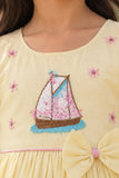 Girls Lemon Yellow Embroidered Ruffle Sleeve Flared Dress
