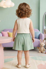 Girls Cream and Mint Green Floral Applique Top with Shorts Co Ord Set