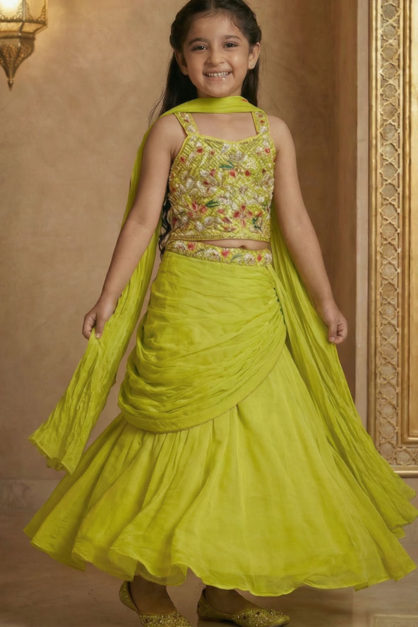 Green Embroidered Lehenga Choli Set For Girls