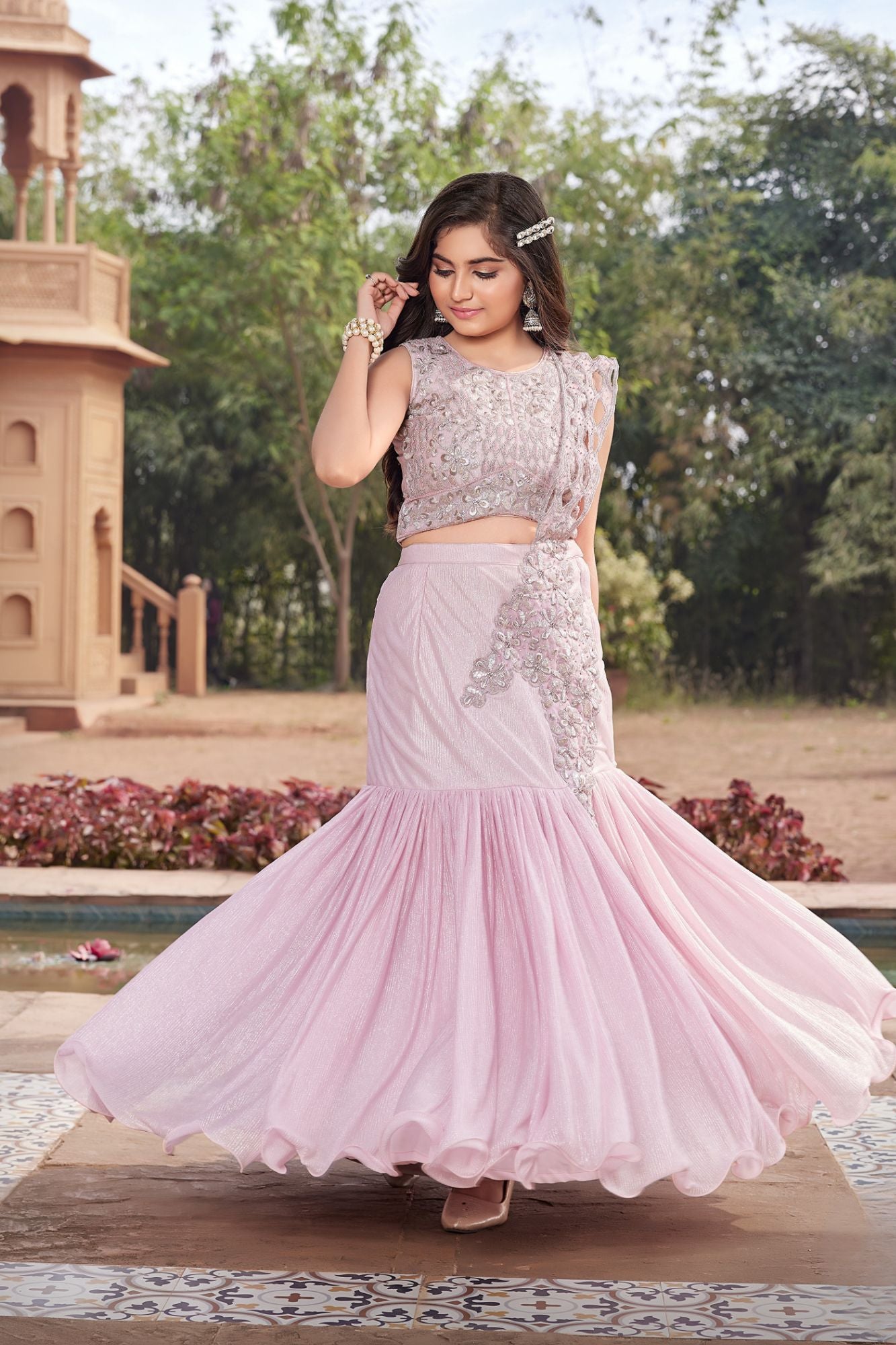Onion Pink Lehenga Choli Set For Girls With Embroidered Crop Top