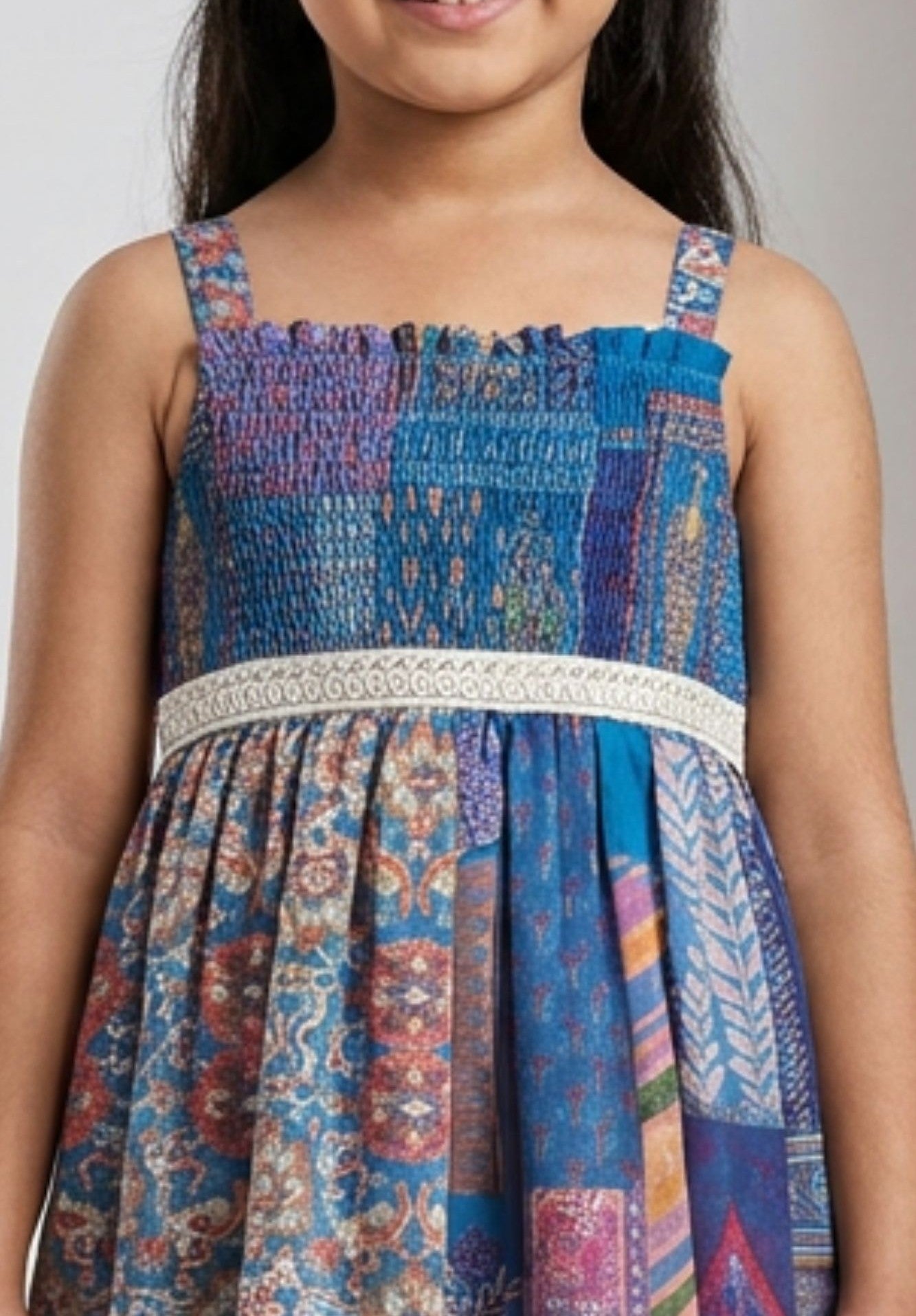 Girls Blue Patchwork Print Frock with Smocked Bodice