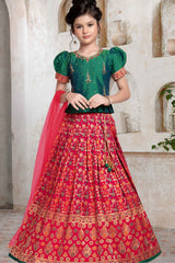 Green And Red Banarasi Silk Pattu Lehenga Choli Set For Girls