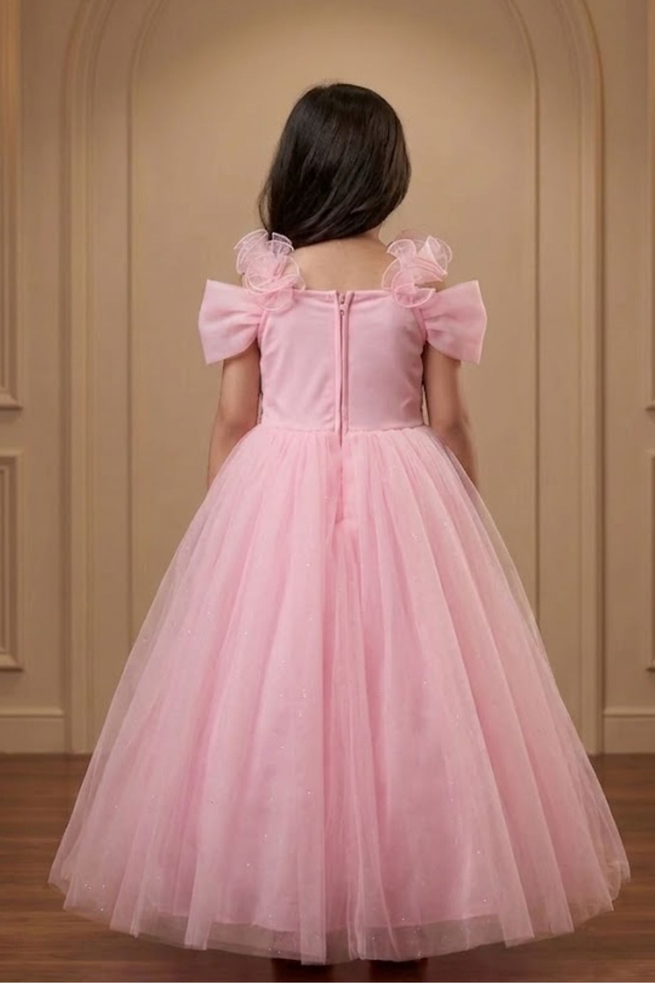 Girls Baby Pink Sequin Party Wear Gown with Bow Sleeves