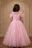 Girls Baby Pink Sequin Party Wear Gown with Bow Sleeves