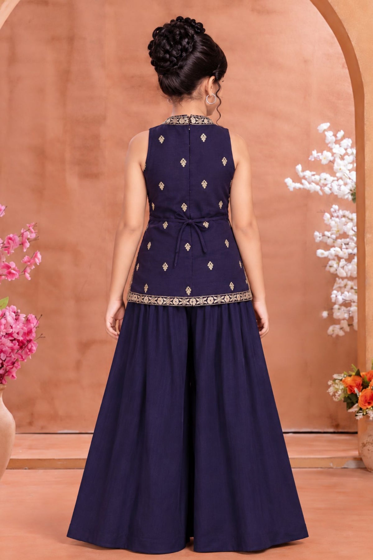 Girls Purple Gold Embroidered Palazzo Set With Dupatta