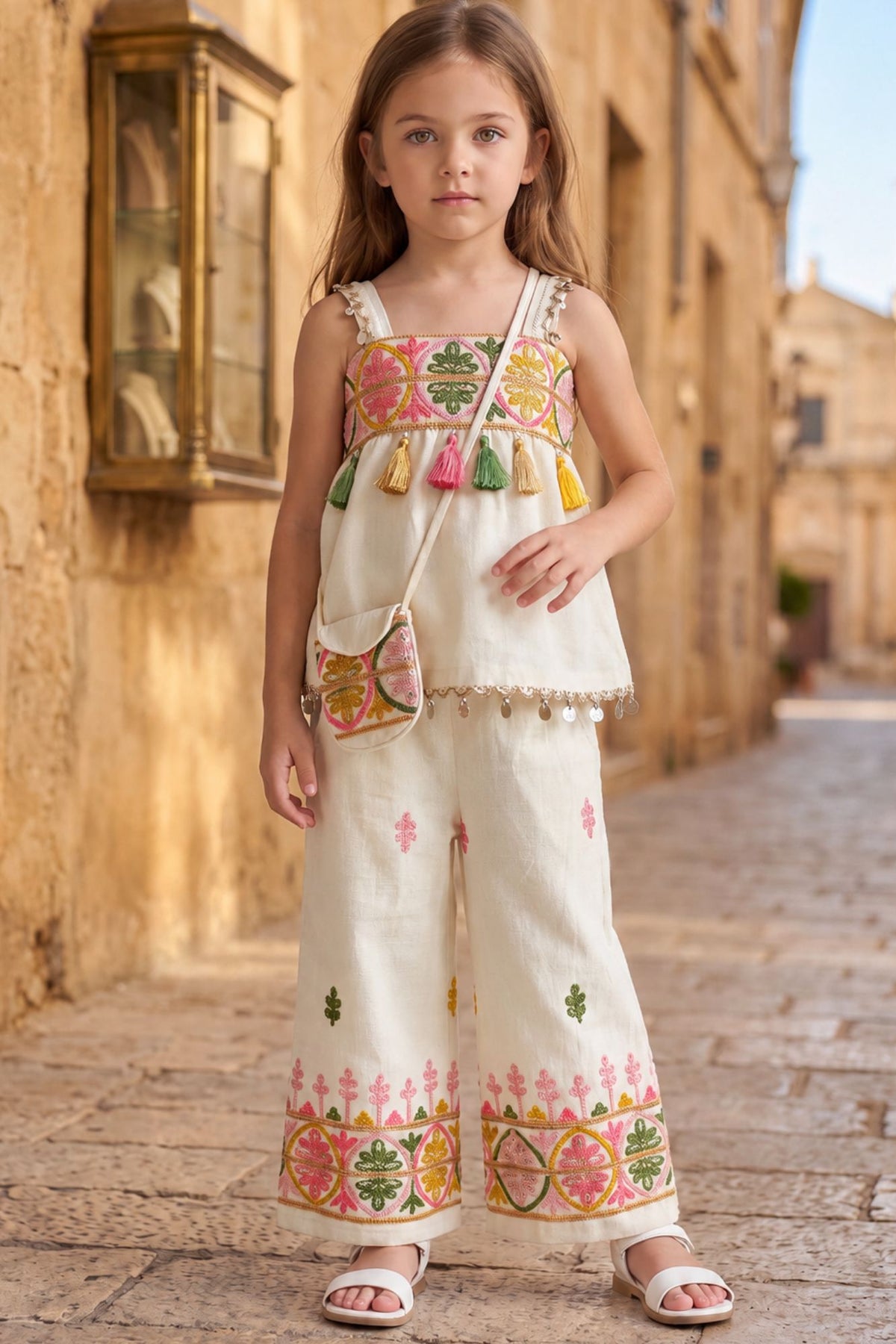 Girls White Multicolor Embroidered Co-ord Set