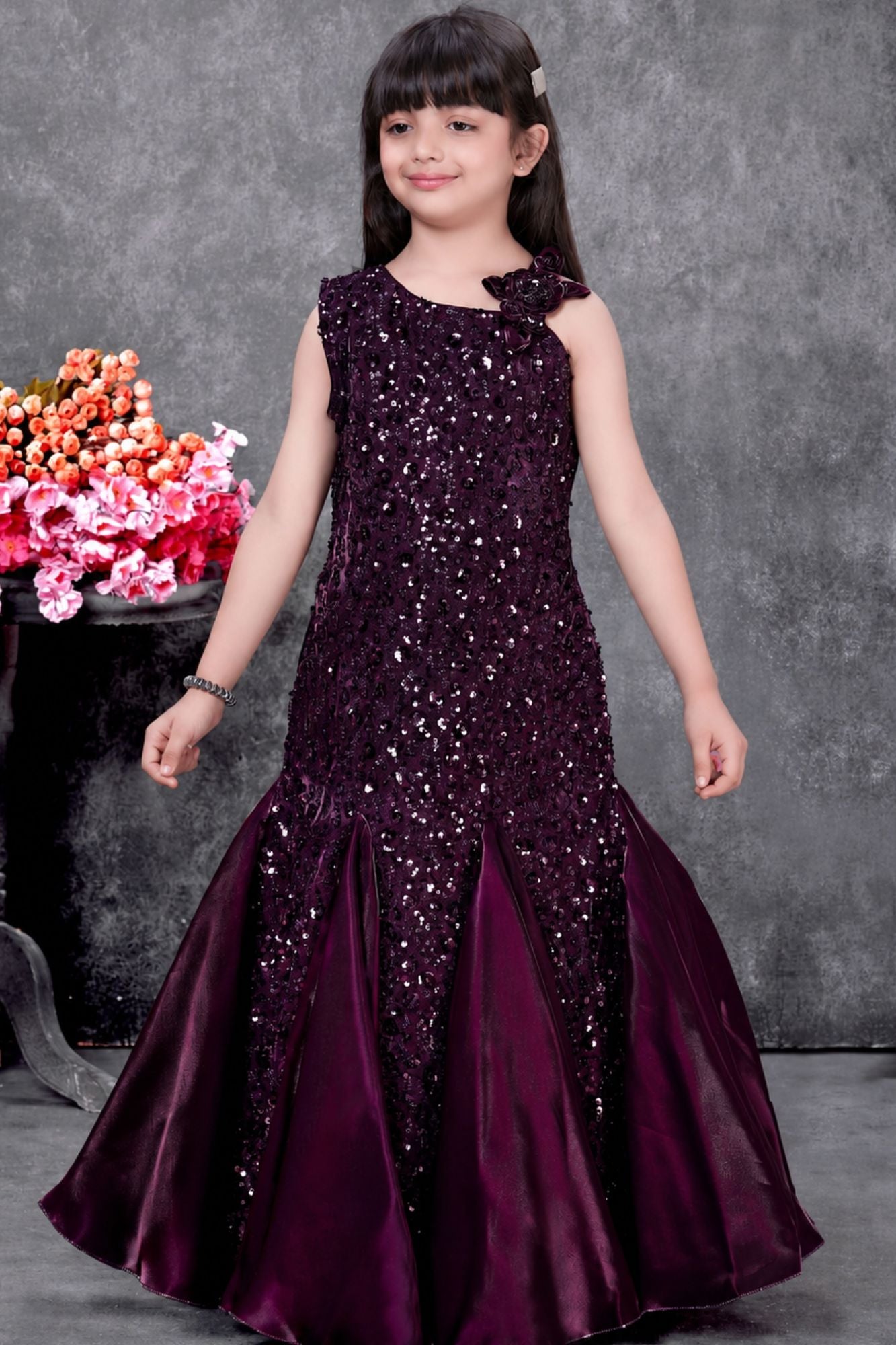 Wine Sequin Embellished Party Wear Gown for Girls