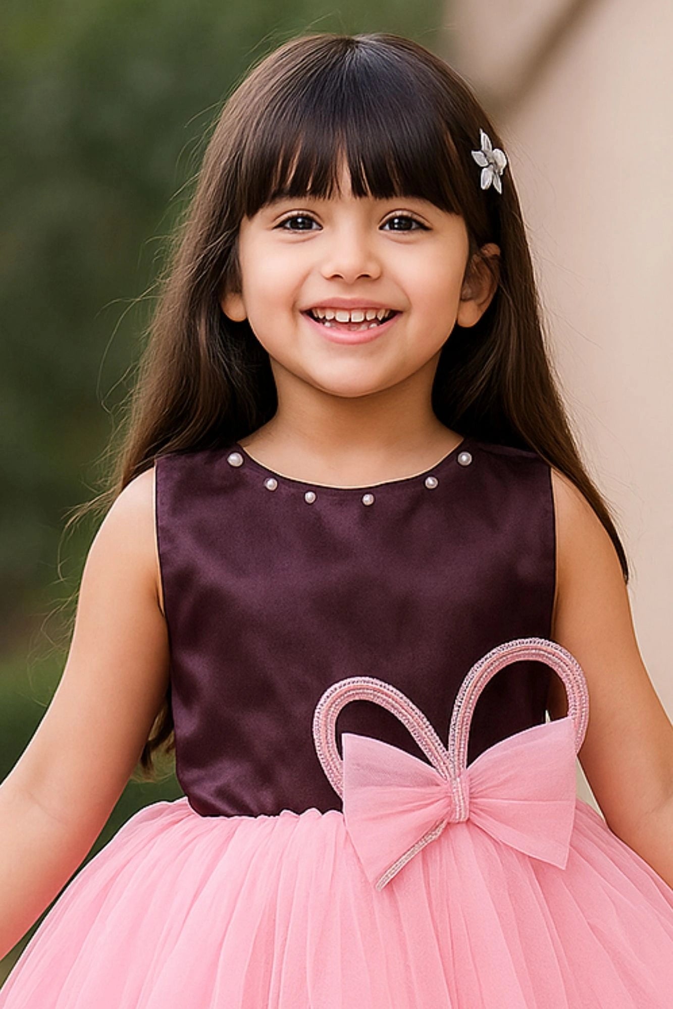 Purple And Pink Party Wear Frock with Layered High-Low Skirt For Girls