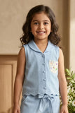 Girls Sky Blue Sleeveless Embroidered Co-Ord Set with Wide Leg Pants