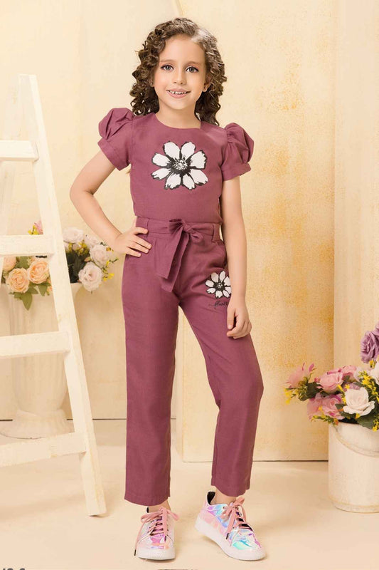 Dusky Pink Floral Printed Top And Pant Set For Girls