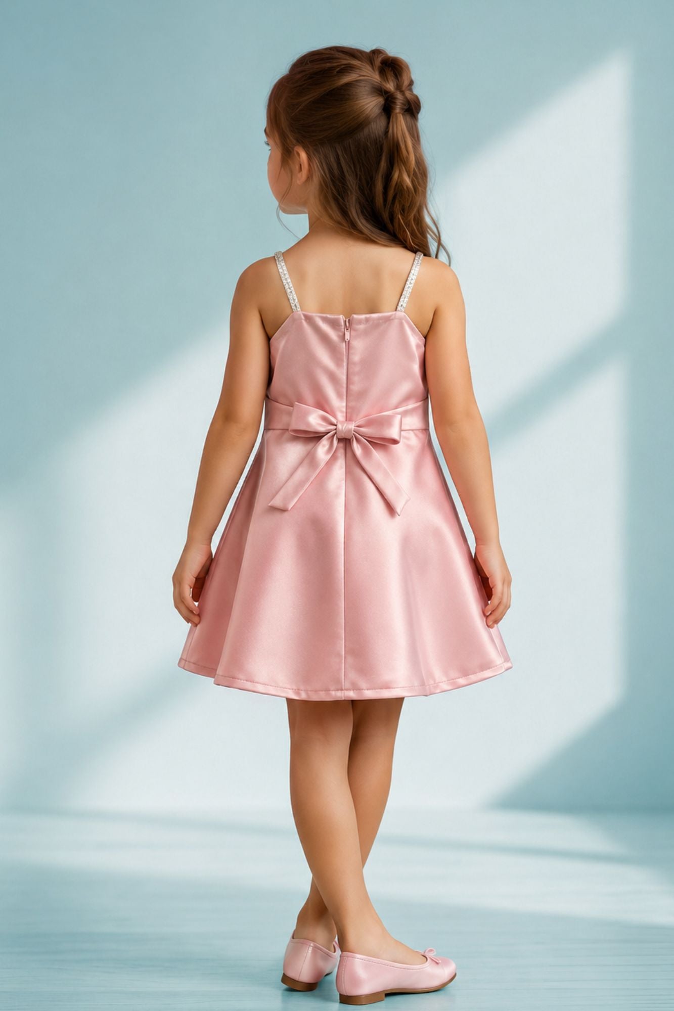 Blush Pink Bow Detail Party Wear Frock for Girls