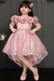 Girls Pink 3D Floral Cutwork High-Low Party Wear Frock