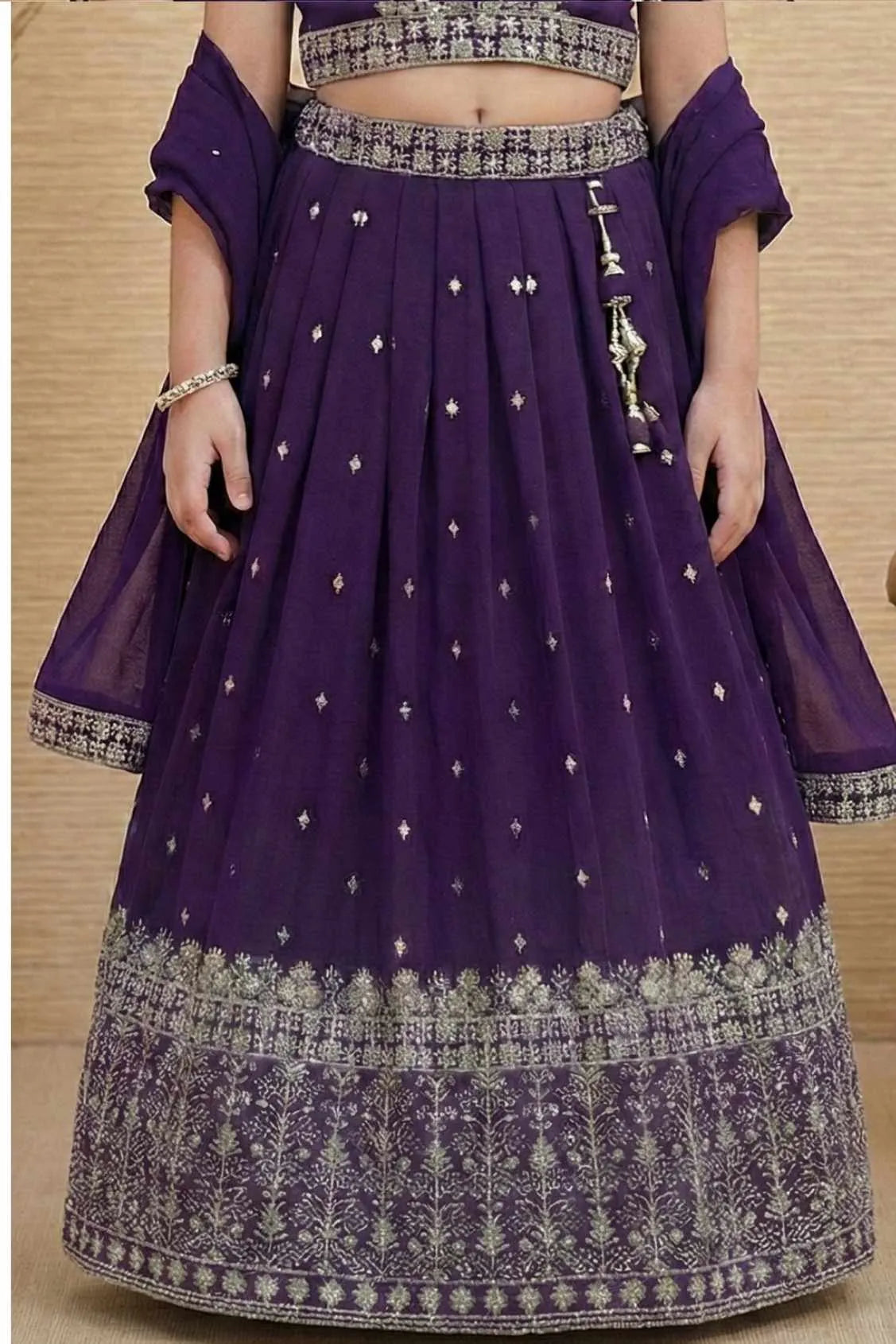 Royal Purple Embroidered Lehenga Choli Set with Dupatta For Girls